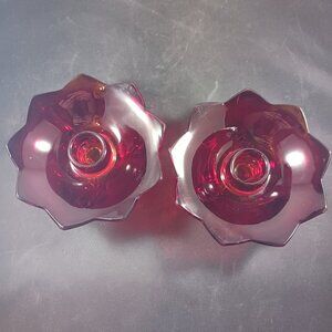 Fenton Footed Lotus Candlestick Ruby Red Glass Taper Candle Holders Pair